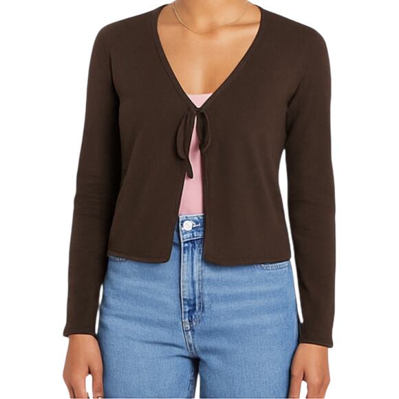 Sundance Cardigan Cotton Sweater Front Tie Long Sleeve V Neck Roll Hem Brown S - Picture 1 of 5